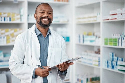Pharmacy, portrait and black man with clipboard, medicine and pill prescription. African American ma.jpg