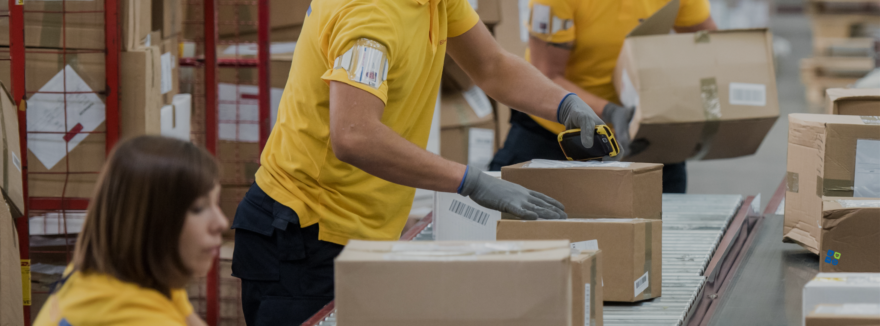 Modern logistics warehouse with workers