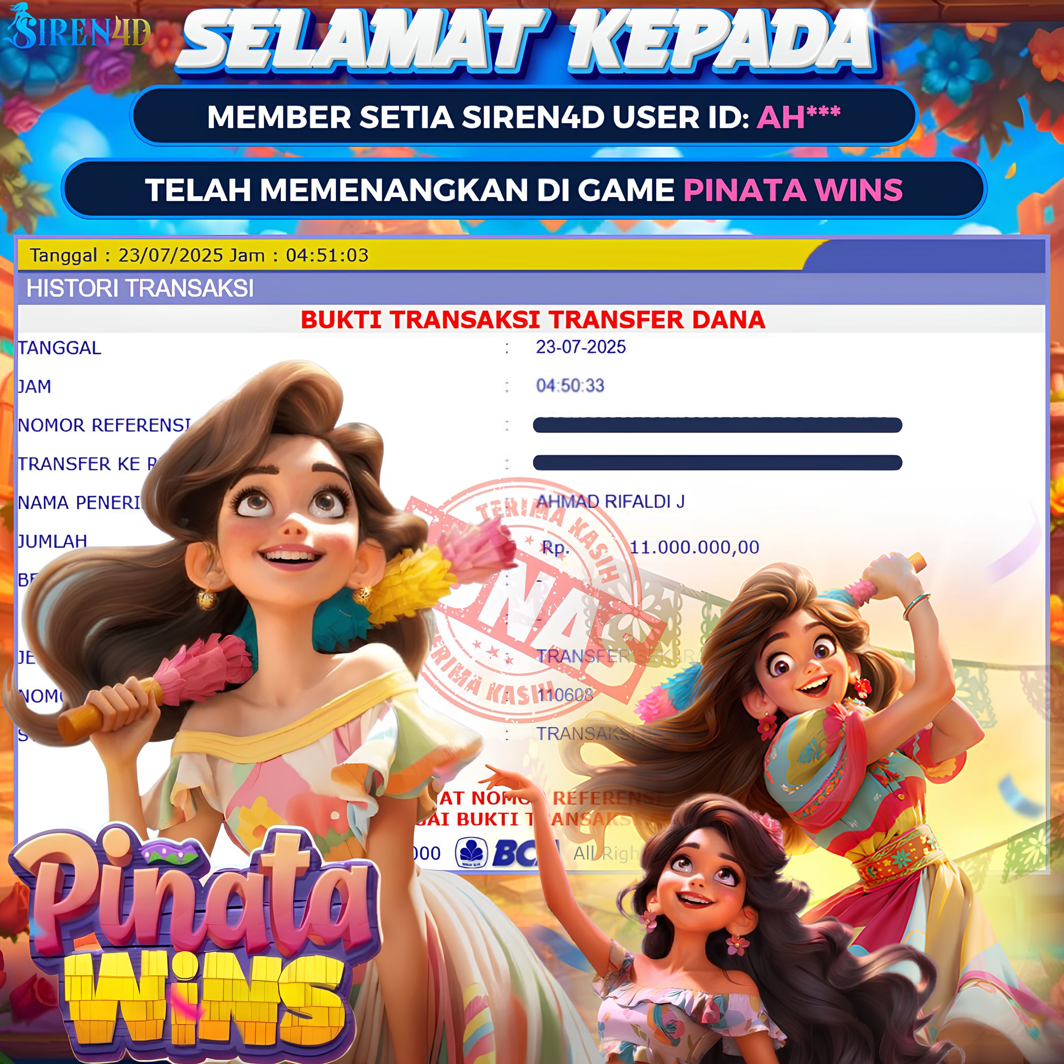 SIREN4D  - JACKPOT DI GAME SLOT PINATA WINS RP 11JT DIBAYAR LUNAS