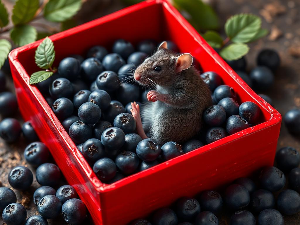 A red box of blue berries with a rat dancing inside