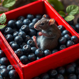 www.naked-ai.art - A red box of blue berries with a rat dancing inside