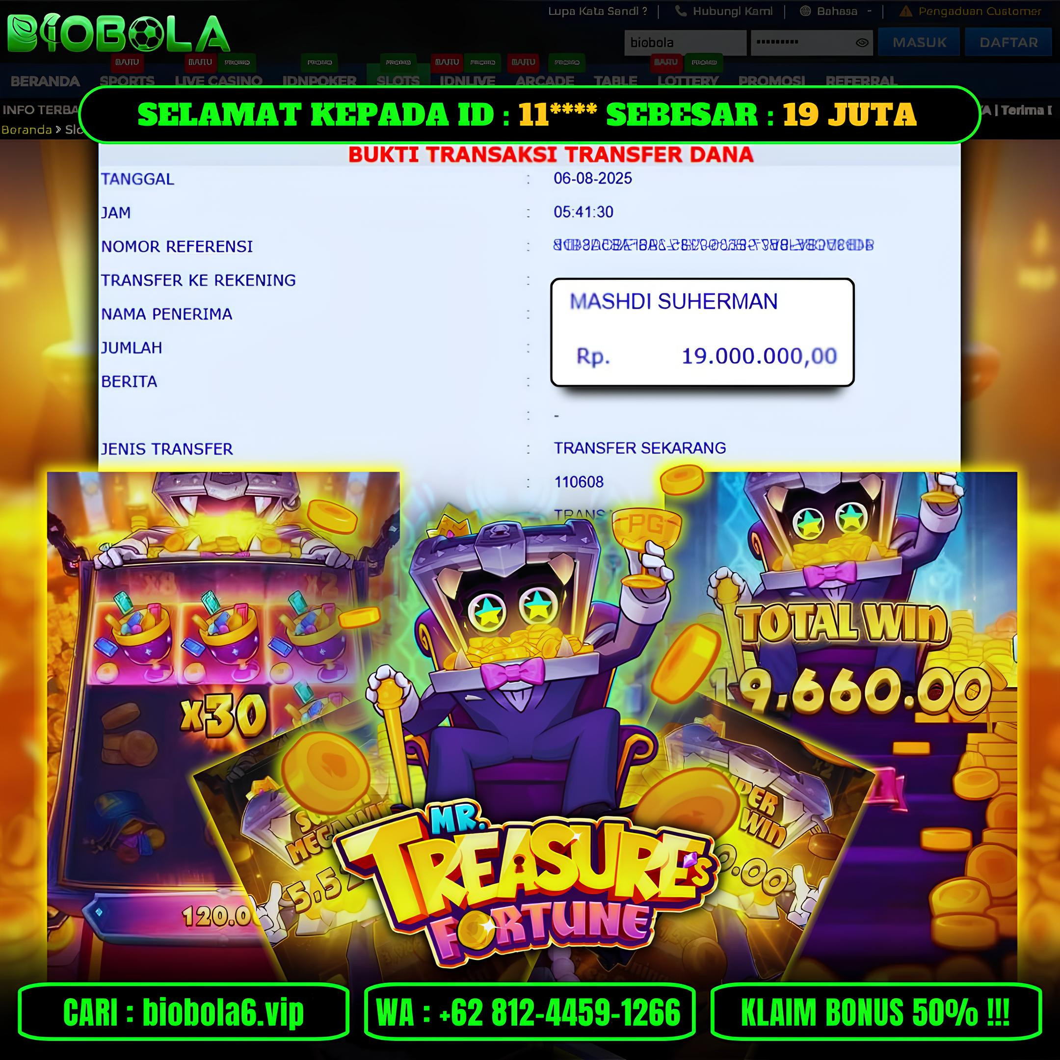BIOBOLA  - JACKPOT DI GAME SLOT MR TREASURE FORTUNE RP 19JT DIBAYAR LUNAS