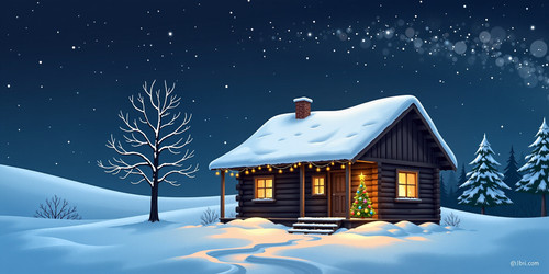 Illustration of a snow blanketed log cabin at night covered in fresh white snow A sturdy wooden lodg.jpg