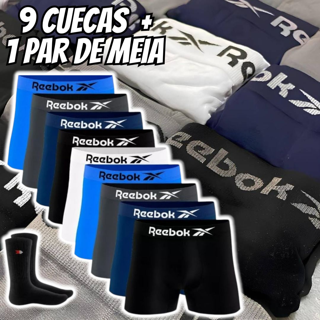 Kit 9 Cuecas Boxer Reebok Masculinas Microfibra Adulto Box Sem Costura + 1 Par de Meia Kit 9 Cuecas Boxer Reebok Masculinas Microfibra Adulto Box Sem Costura + 1 Par de Meia