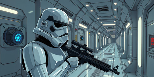 A cinematic illustration of a stormtrooper vlog set inside the Death Star The scene shows a slightly.jpg