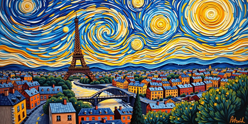 An impressionistic painting of Paris at sunset in the style of Vincent van Gogh The cityscape featur.jpg