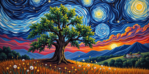 A striking van Gogh style depiction of a lone ancient oak tree standing on a misty hillside beneath .jpg