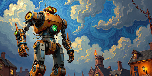 An epic retro rogue robot tall steampunk inspired with a rusted titanium frame and gears exposed sta.jpg