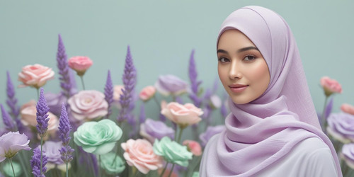 Make a landscape sized hero poster about pastel hijab, where the background is pastel, there are flo.jpg