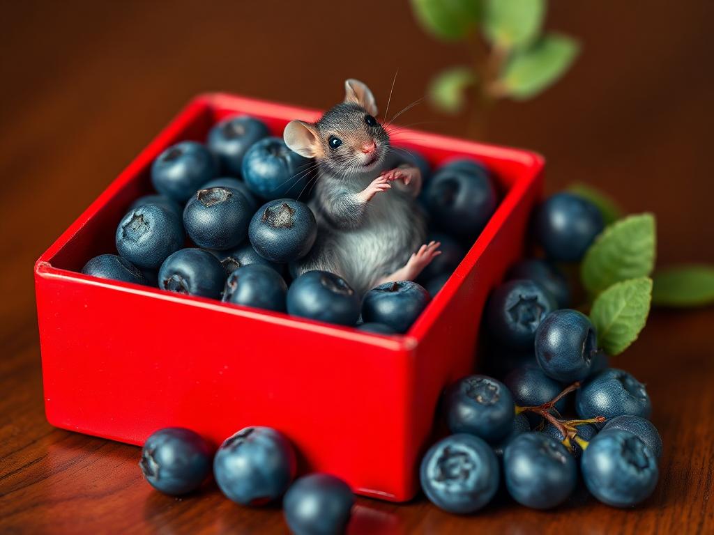 A red box of blue berries with a rat dancing inside
