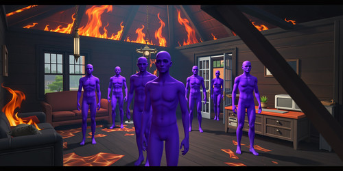 A realistic looking screenshot of a Sims 4 interior The house s walls are scorched and blackened wit.jpg