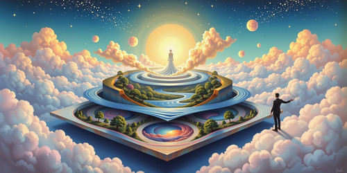 A surreal layered dreamscape where each layer fans out from a central luminous orb The first layer s.jpg