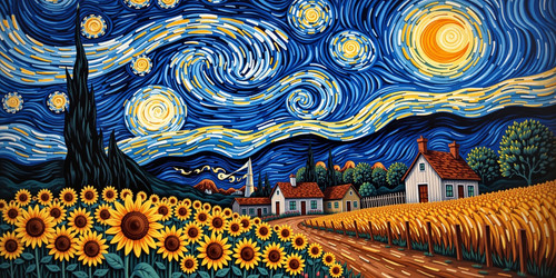 A tranquil village at dusk in the style of Vincent van Gogh The focal point is a bright field of sun.jpg