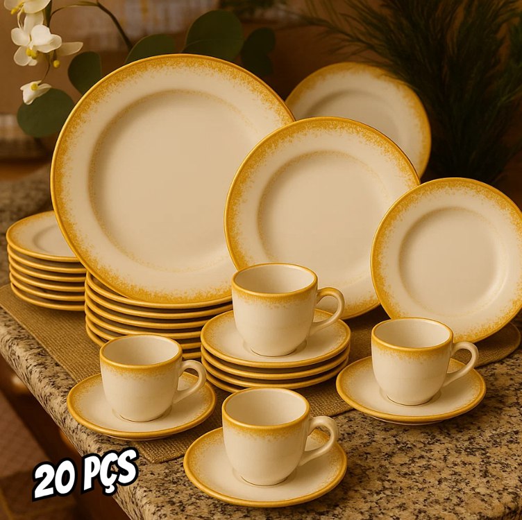 Serviço de Jantar e Café 20 Peças em Porcelana, Decoração Névoa Mostarda, Porcelana Schmidt