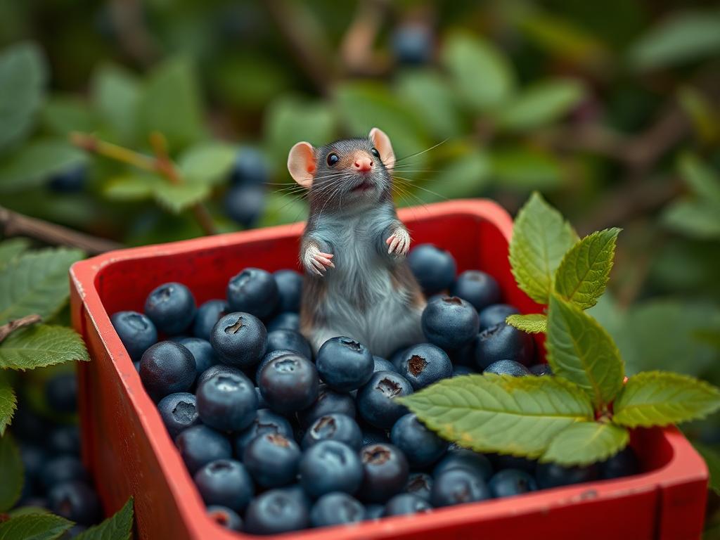 A red box of blue berries with a rat dancing inside