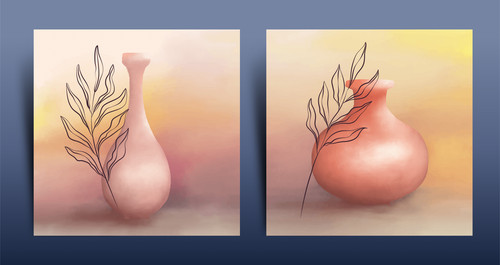 Set Of Hand Painted Wallpaper With Pottery And Floral Line Art Wallpaper.jpg