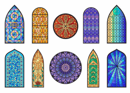Stained glass mosaic church temple cathedral windows flat set of isolated ornate mirrors on blank ba.jpg