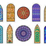 Stained glass mosaic church temple cathedral windows flat set of isolated ornate mirrors on blank ba