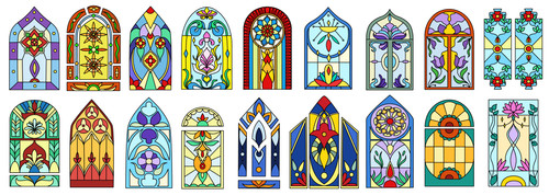 Flat set of colorful stained glass windows of vintage church buildings. Colored gothic mosaic decora.jpg