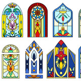 Flat set of colorful stained glass windows of vintage church buildings. Colored gothic mosaic decora