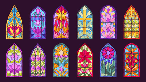 Mosaic church windows. Cartoon stained glass windows, decorative abstract mosaic frames flat vector .jpg