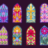 Mosaic church windows. Cartoon stained glass windows, decorative abstract mosaic frames flat vector 