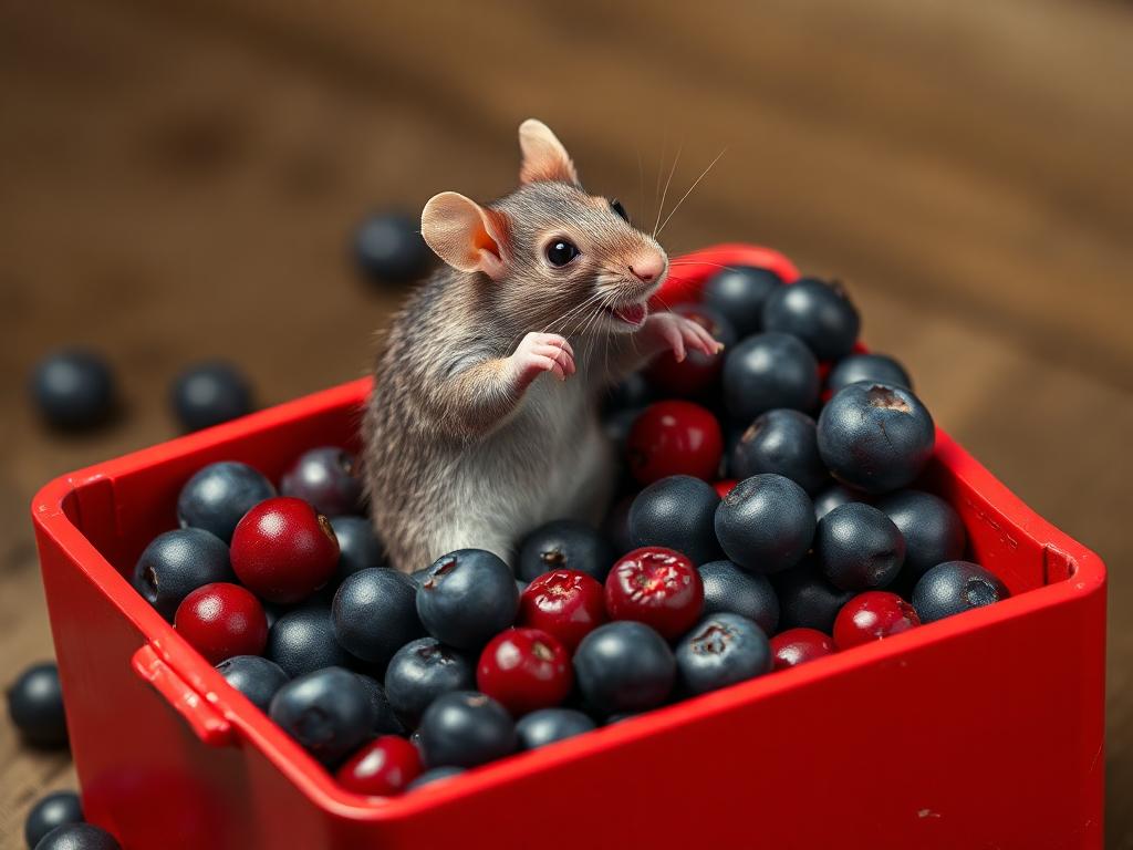 A red box of blue berries with a rat dancing inside