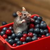 www.naked-ai.art - A red box of blue berries with a rat dancing inside