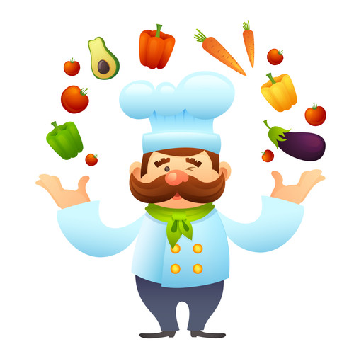 Male chef restaurant cook character juggles with vegetables vector illustration.jpg