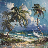 sea side scene with palm trees bending tropical storm