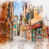 Watercolor drawing picture of Venice Famous landmark of Italy, Venezia Italy.