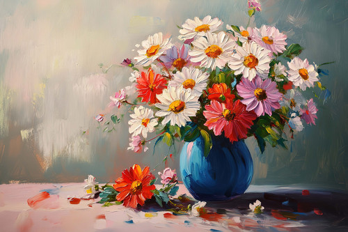 A beautiful bouquet of flowers in an oil painting, including daisies and roses, is placed on the tab.jpg