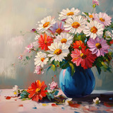 A beautiful bouquet of flowers in an oil painting, including daisies and roses, is placed on the tab