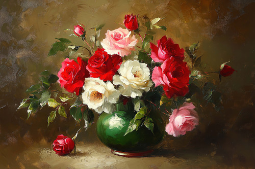 A vintage oil painting of red, pink, and white roses in an antique green vase, with leaves and flowe.jpg