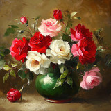 A vintage oil painting of red, pink, and white roses in an antique green vase, with leaves and flowe