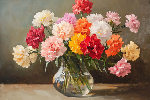 An oil painting of a vase filled with various colors and types of carnations, with neutral soft tone.jpg