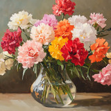 An oil painting of a vase filled with various colors and types of carnations, with neutral soft tone