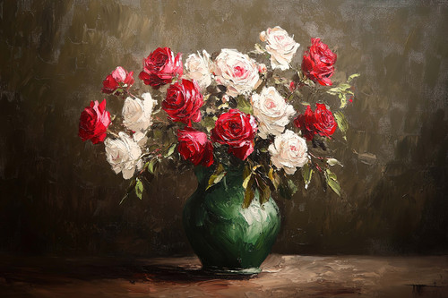 Vintage oil painting of red, pink, and white roses in an antique green vase, with a moody, dark back.jpg