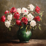 Vintage oil painting of red, pink, and white roses in an antique green vase, with a moody, dark back