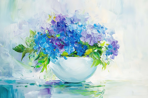Oil painting of blue and purple flowers in a white vase, with an abstract background in an impressio.jpg