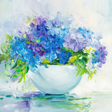 Oil painting of blue and purple flowers in a white vase, with an abstract background in an impressio