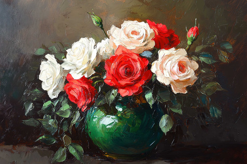 Vintage oil painting of red, pink, and white roses in an antique green vase, with leaves and vines, .jpg