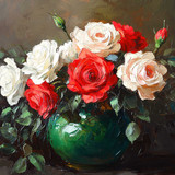 Vintage oil painting of red, pink, and white roses in an antique green vase, with leaves and vines, 