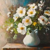 Vintage oil painting of anemones, daisies, and wild flowers in the style of Claude Monet, still life