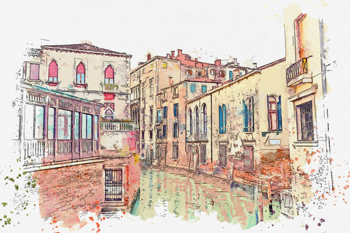 Watercolor painting city scape of Venice famous landmark at Italy.Venezia Italy.