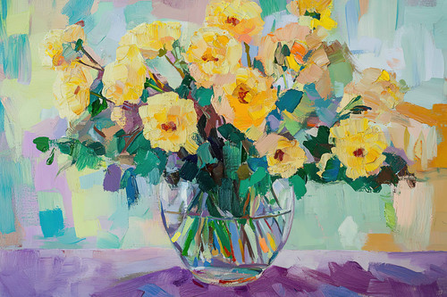 A large glass vase with yellow flowers, green leaves, and a purple tablecloth. An oil painting with .jpg