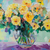 A large glass vase with yellow flowers, green leaves, and a purple tablecloth. An oil painting with 