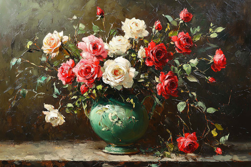 Vintage oil painting of red, pink, and white roses in an antique green vase, with leaves and vines, .jpg