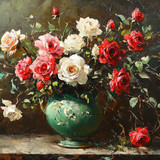 Vintage oil painting of red, pink, and white roses in an antique green vase, with leaves and vines, 