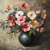 Vintage oil painting of flowers in a vase, with a moody aesthetic in the cottagecore style, on textu